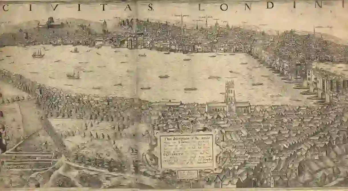 A birds-eye view of the City of London, from Hampstead to St Dunstan in the east, 1600; engraving, after John Norden