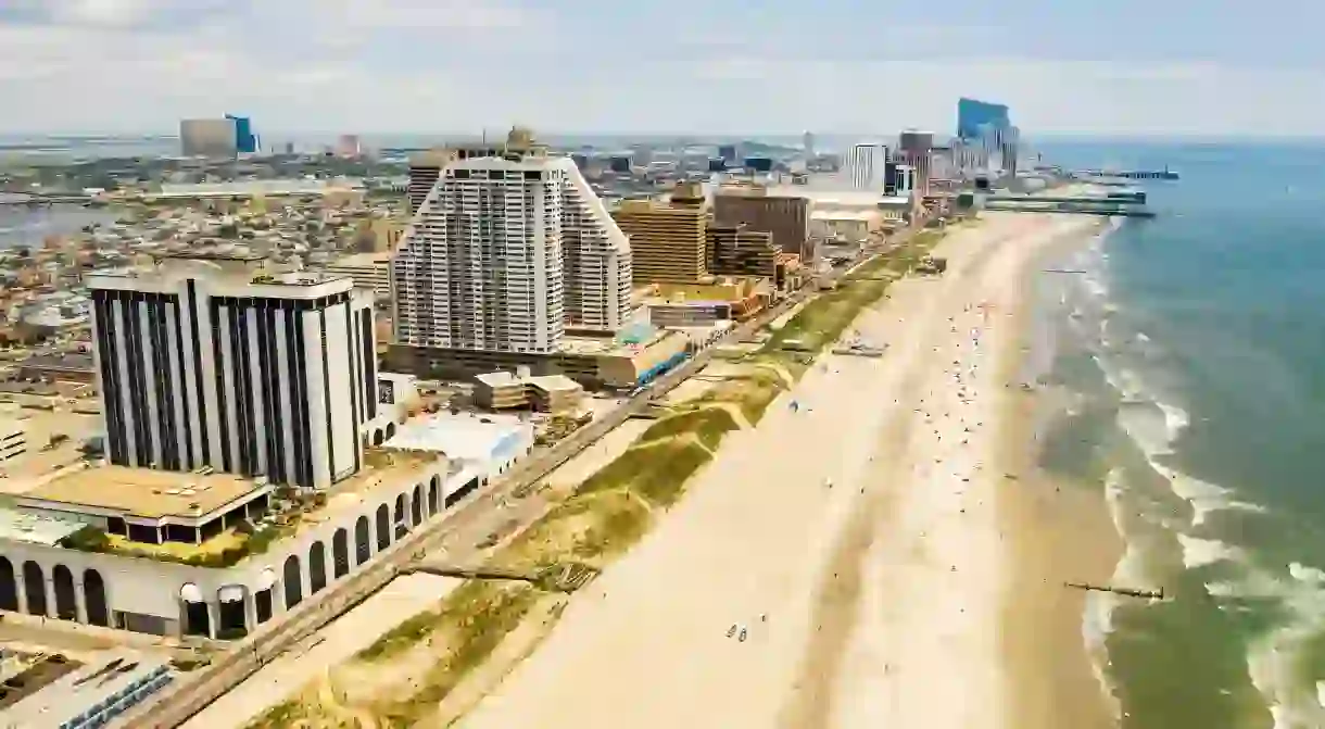 The boardwalk at Atlantic City, New Jersey, extends along the ocean coast