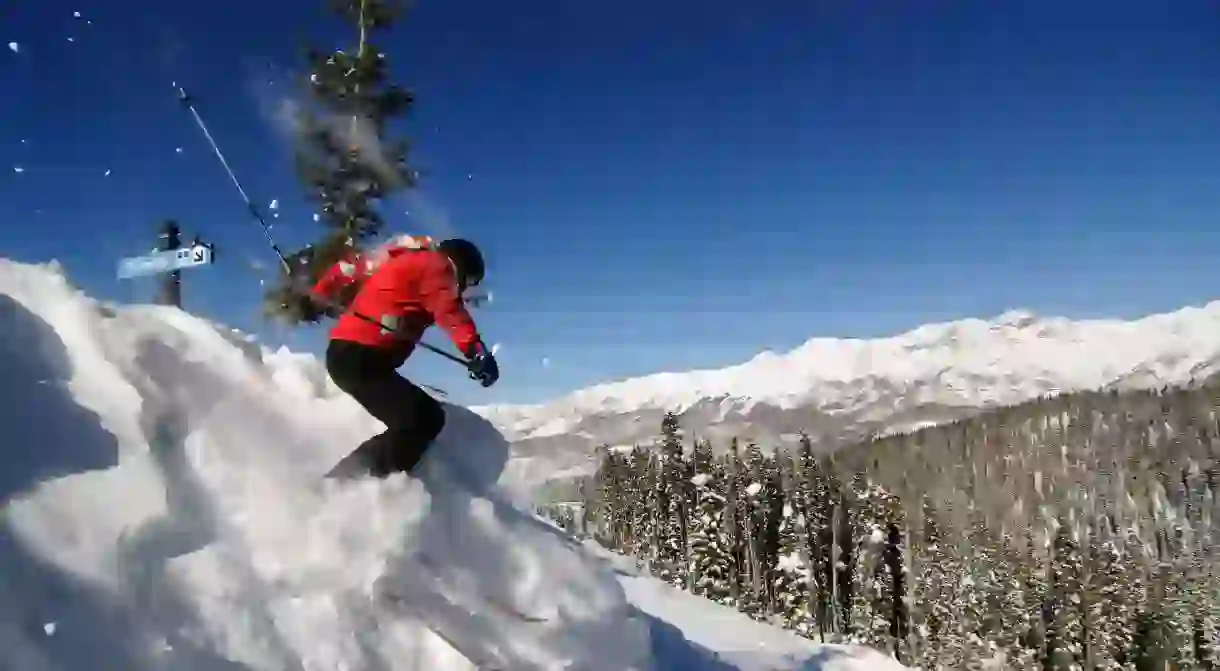 Skier on the Silvertip ski-run in Telluride, Colorado