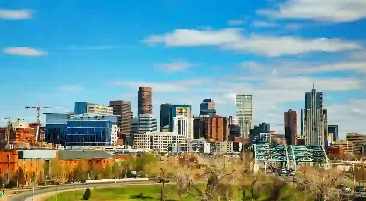 The Denver skyline sparkles on a sunny day