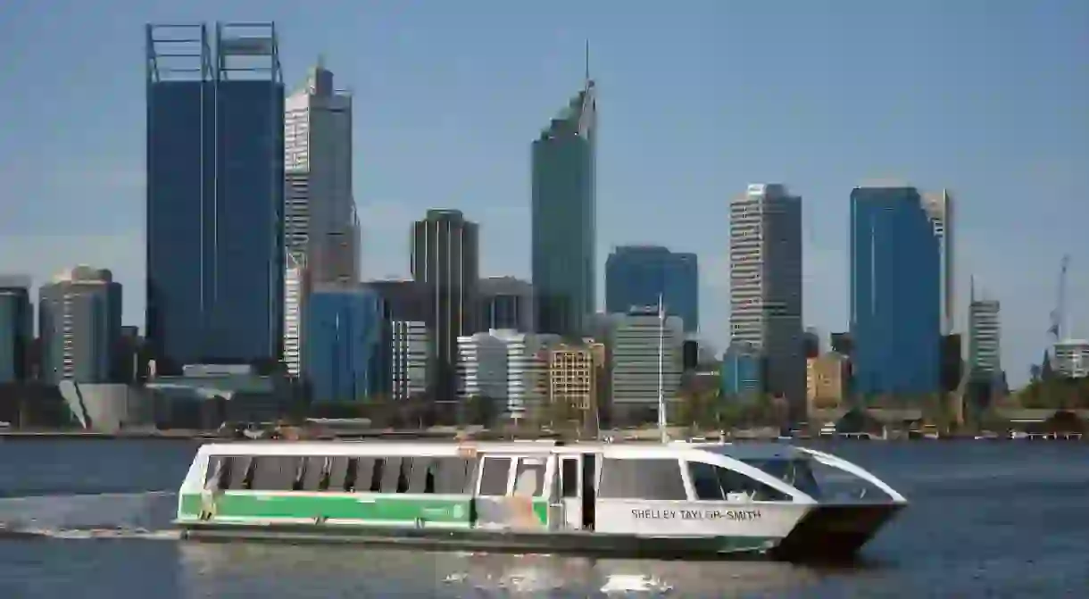 A Swan River ferry arriving at Elizabeth Quay ferry terminal