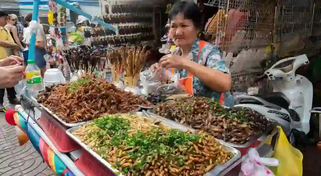 Foodstall selling fried insects at in Chinatown, Bangkok