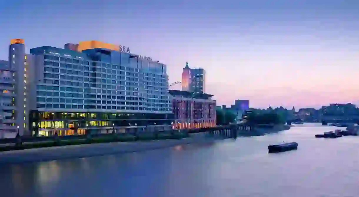 An evening view across the River Thames towards South Bank