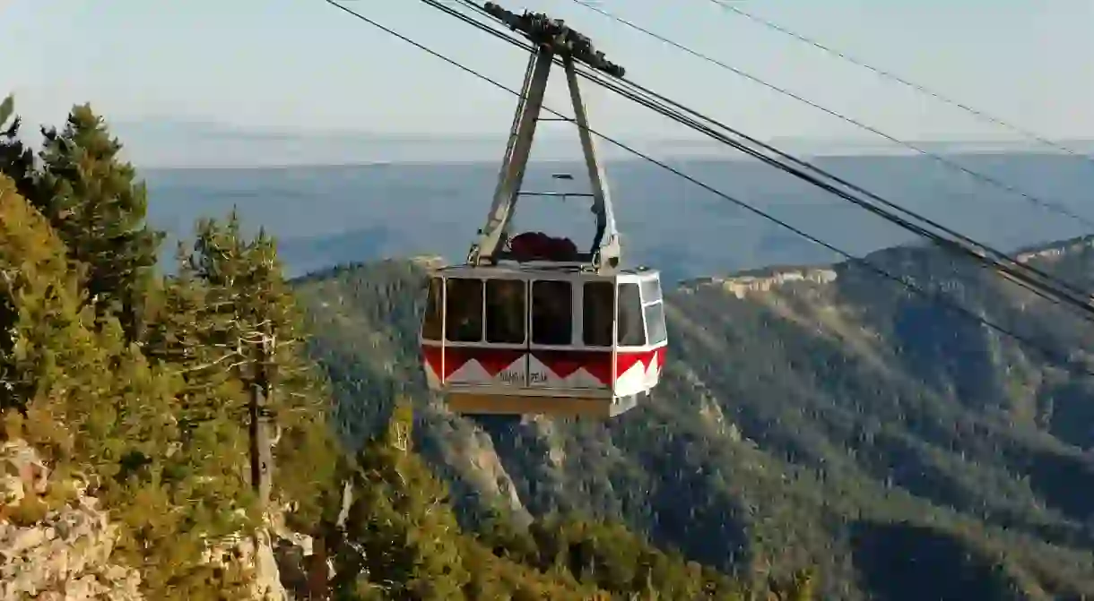 Sandia Peak Tramway arrives at top of the mountain, Albuquerque, New Mexico