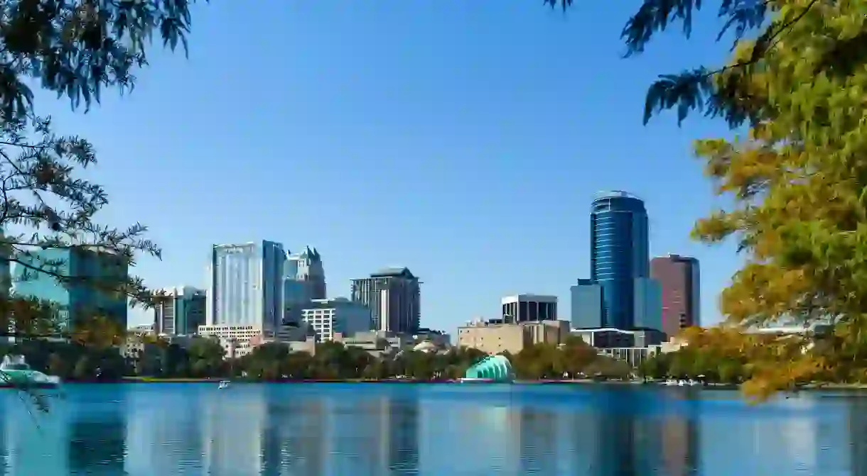 The downtown city skyline from Lake Eola Park, Orlando