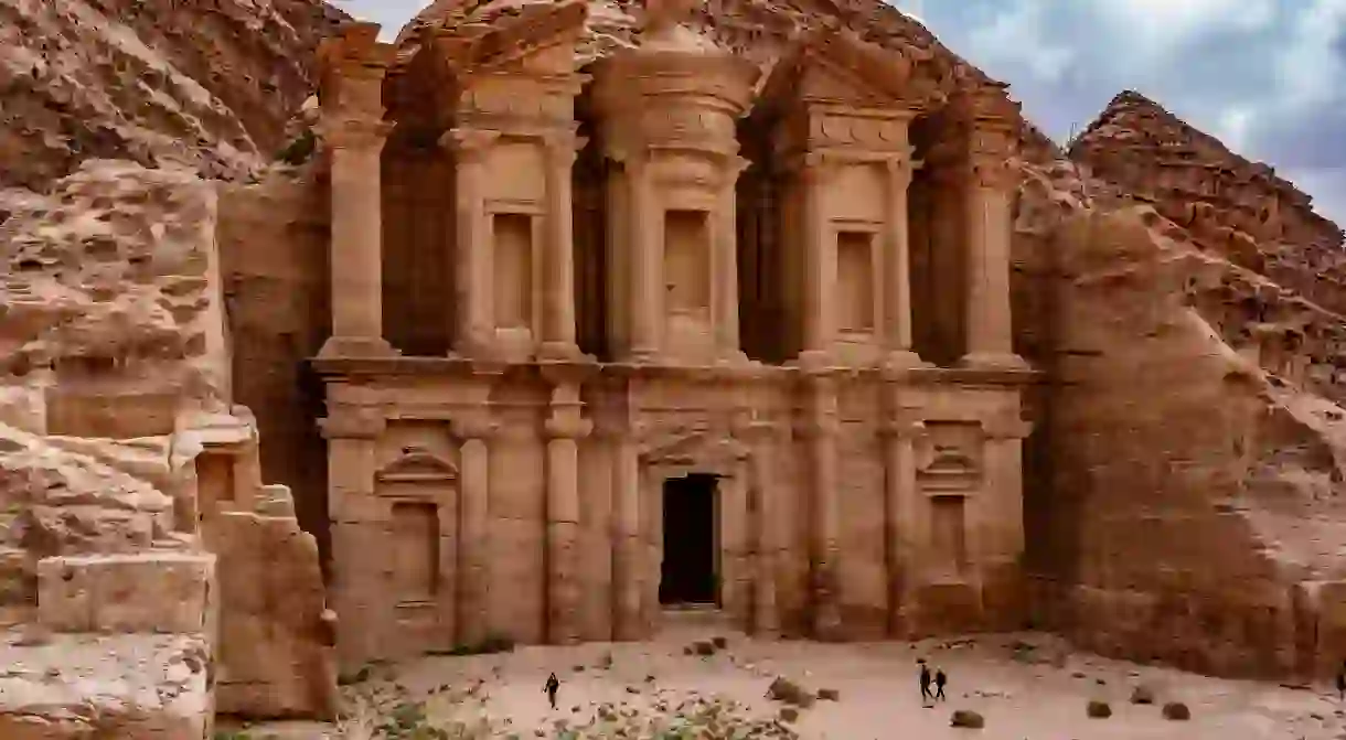 Al-Khazneh or The Treasury at Petra, carved from the sandstone rock face