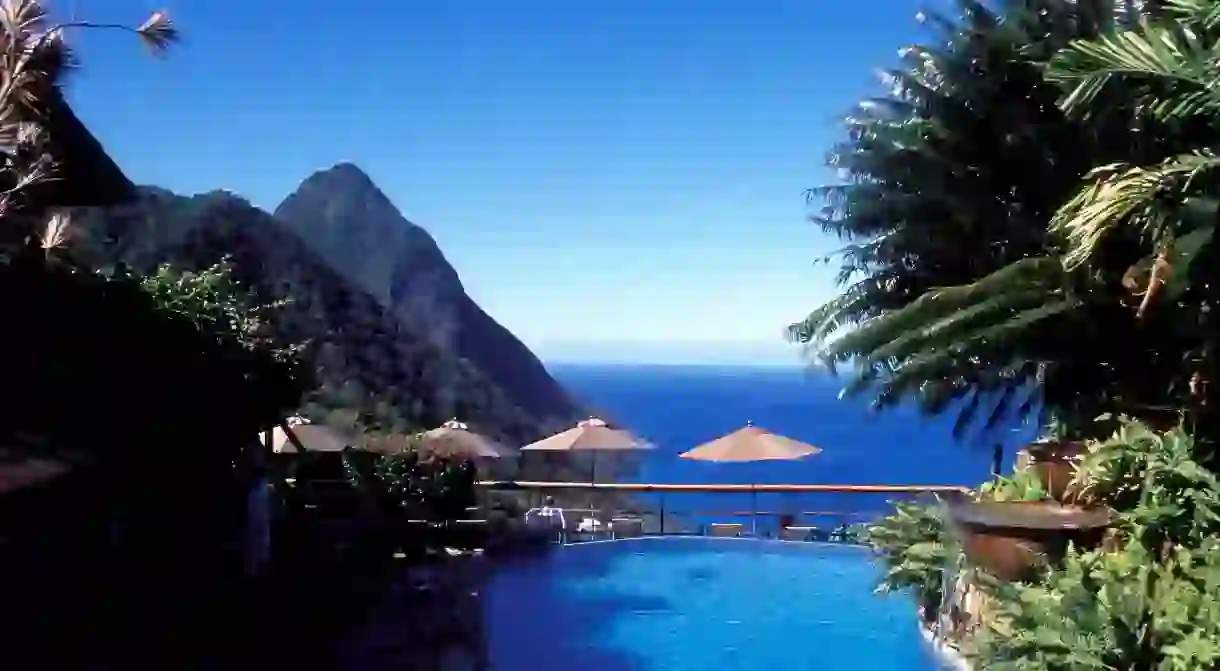 The pool at the Ladera Resort overlooking the volcanic Pitons