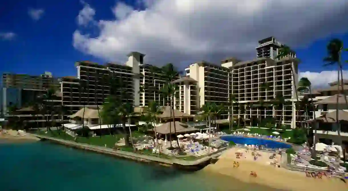 An aerial view of Halekulani Hotel and the beachfront in Waikiki