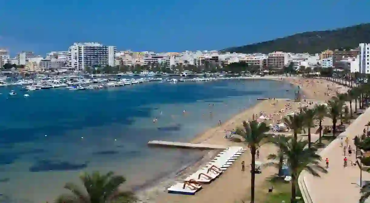 Beach San Antonio Town, Ibiza, Balearics, Spain.