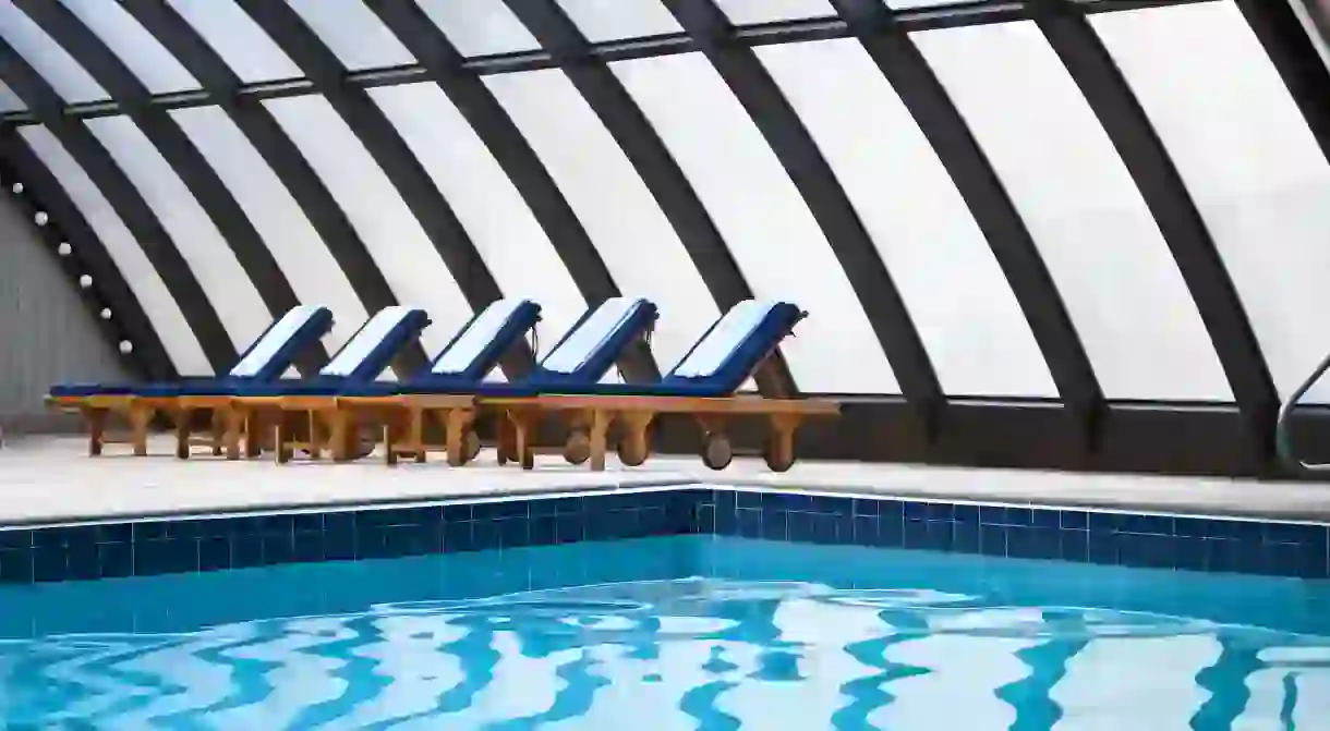 The pool at the Westin Peachtree Plaza in Atlanta has a retractable glass roof