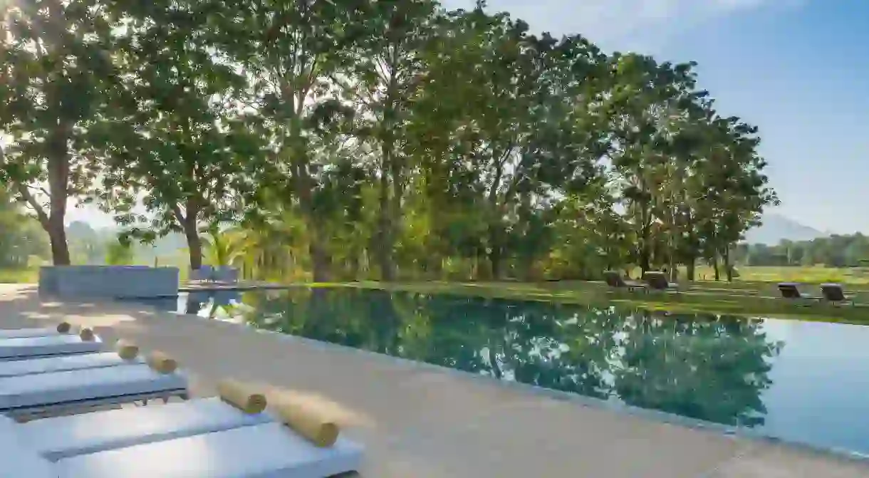 Relax by the tree-lined pool at the Jetwing Lake in Dambulla, Sri Lanka