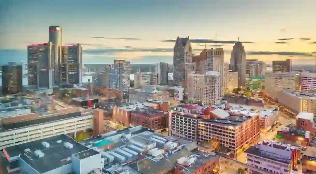 The downtown skyline of Detroit, Michigan at dusk