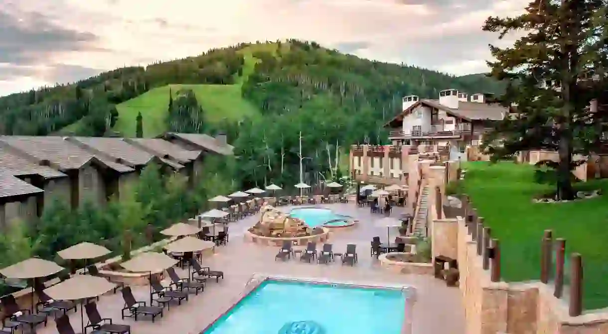 The luxurious Stein Eriksen Lodge sits at the foot of the Wasatch Mountains in Park City, Utah