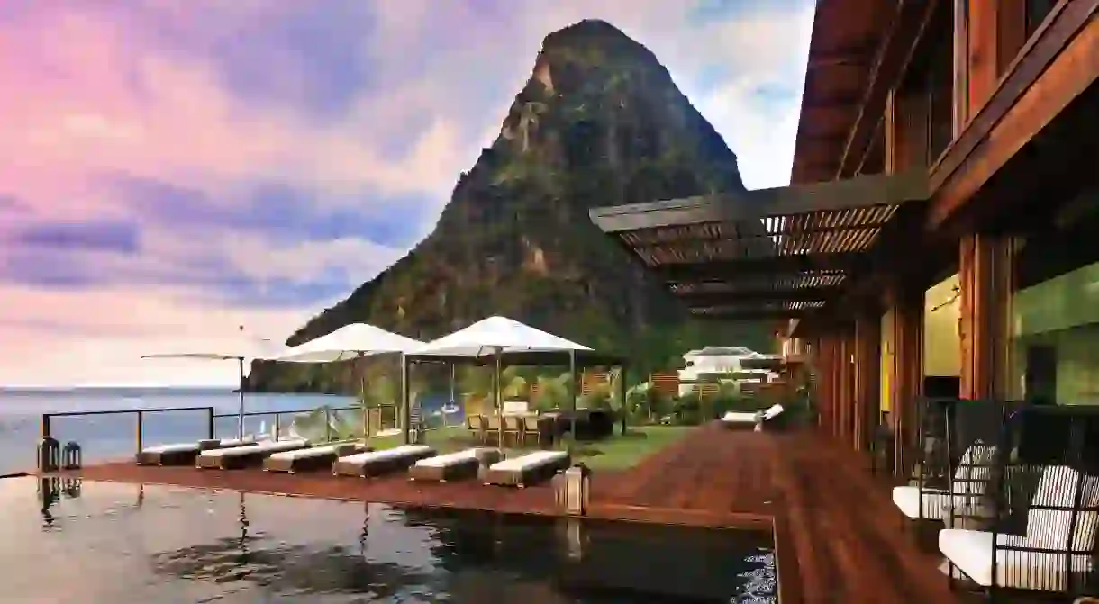 Sugar Beach, A Viceroy Resort overlooks the spectacular Pitons rock formations out to sea