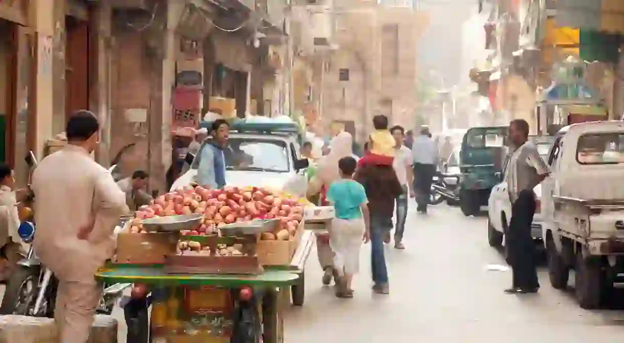 The bustling street scene in Cairos Khan al Khalili market, the Islamic Quarter