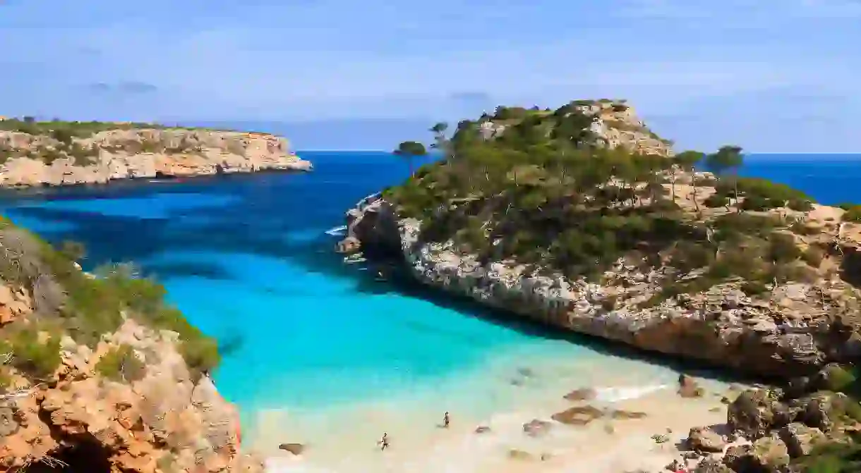 View of Calo des Moro beach and its azure blue water, a typical sight on the island of Mallorca