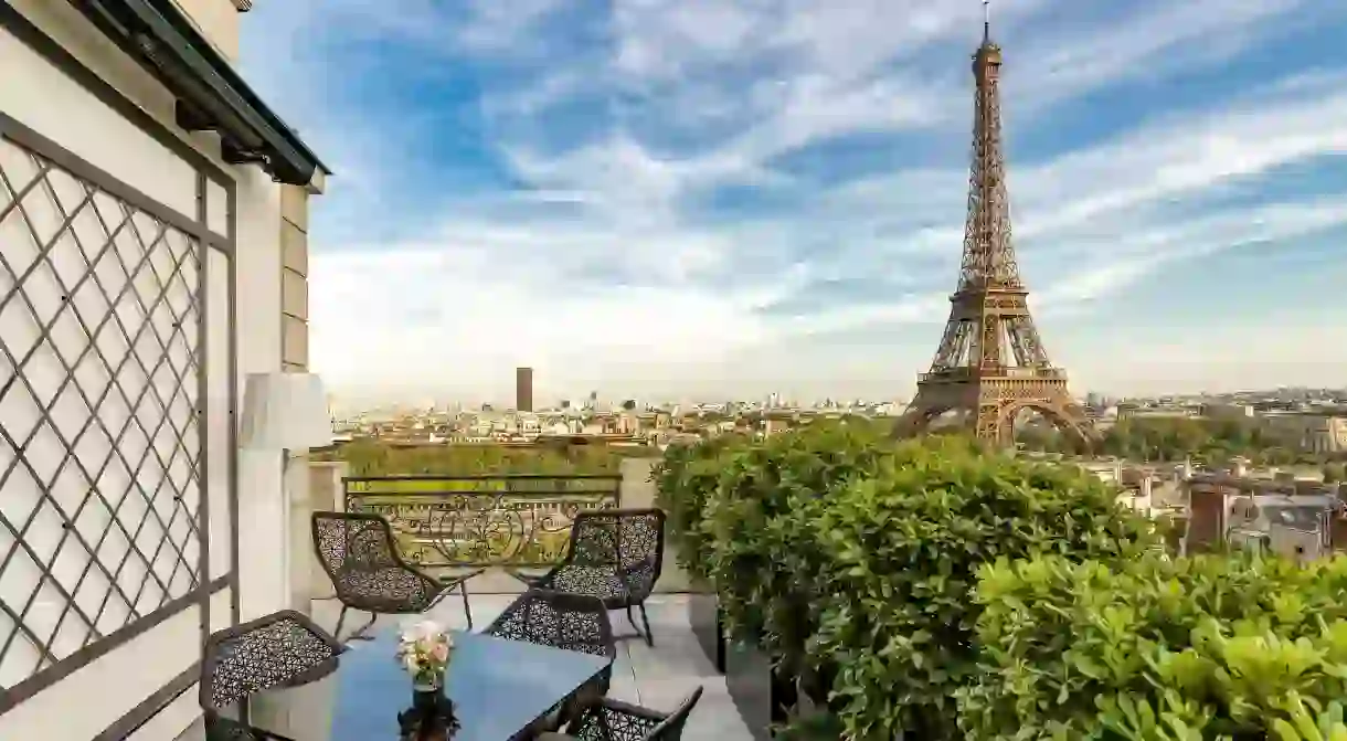 A view of the Eiffel Tower from a terrace at Shangri-La Hotel Paris