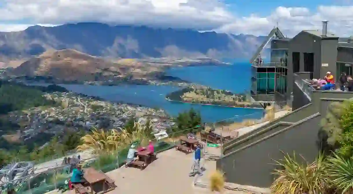 View over the city and Lake Wakatipu from the top of the Skyline Gondola, Bobs Peak