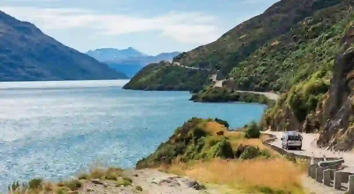 A campervan is a great way to explore beauty at home, such as this scenic drive beside Lake Wakatipu, in New Zealand