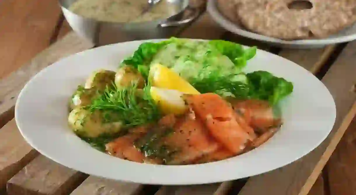 Gravlax is tasty dill-cured salmon that often comes with a side of dill potatoes