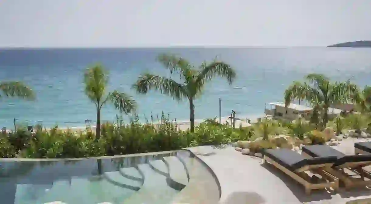 The pool at F Zeen Retreat overlooks Lourdas Beach