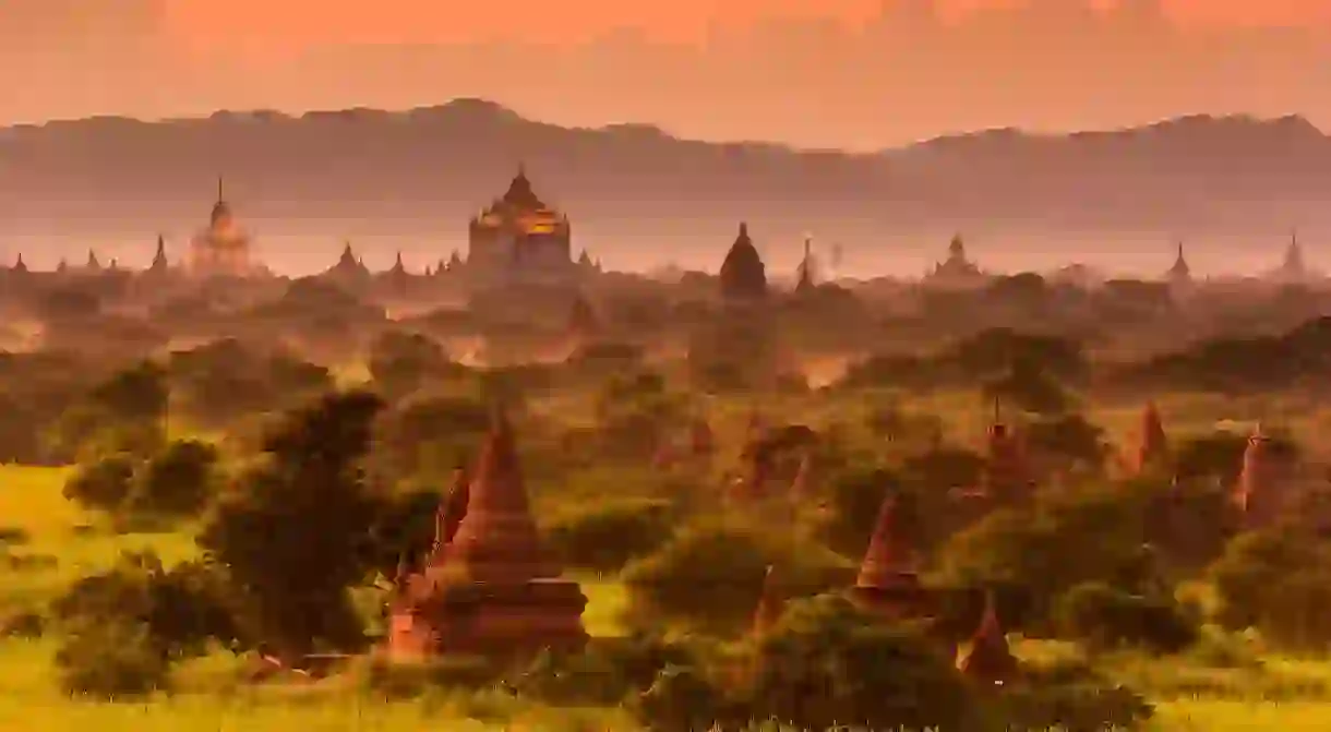 The pagodas in the archaeological zone of Bagan, Myanmar, are an impressive sight