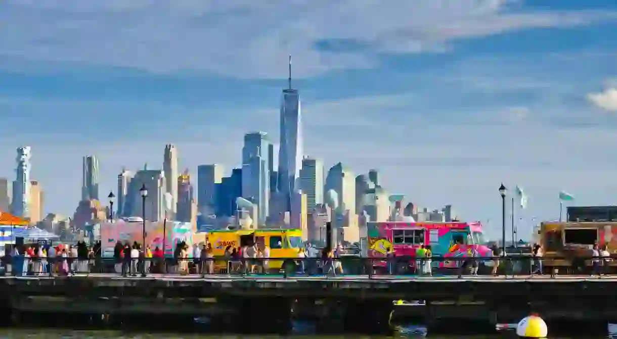 2A5N4G5 View of Pier 13 an Open Air Seasonal Beer Garden and Food Truck Place, Hoboken, Hudson County, New Jersey