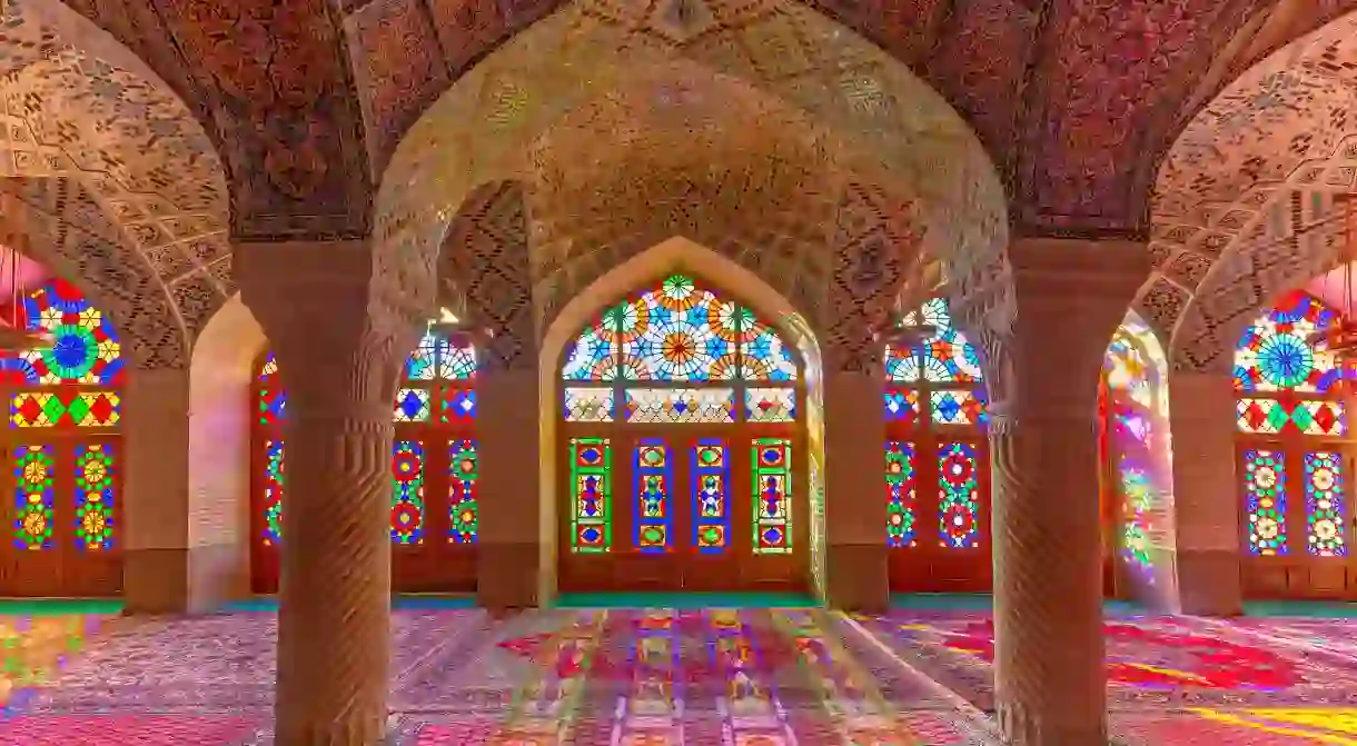 Nasir-ol-molk Mosque known also as Pink Mosque with light through its stained glass windows, in Shiraz, Iran