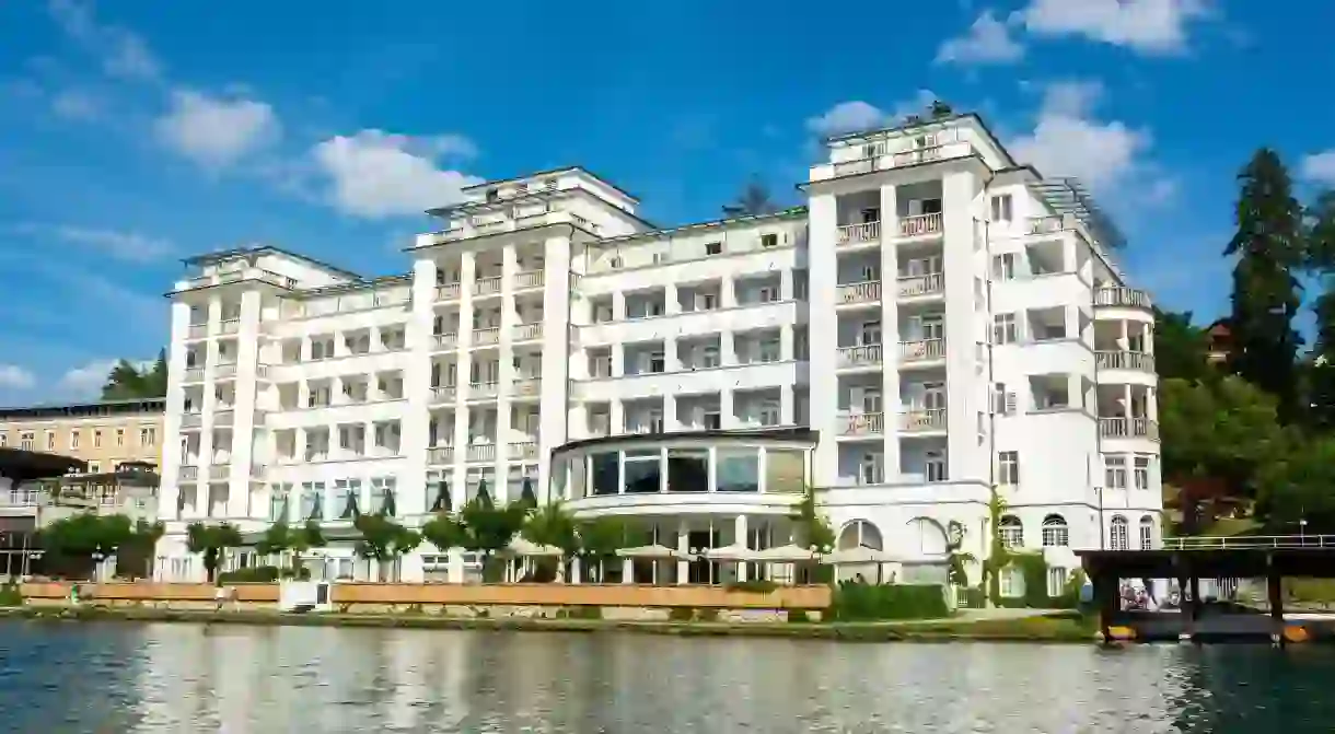 The Grand Hotel Toplice on the shores of Lake Bled features traditional thermal baths