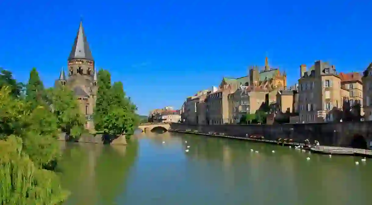 The Moselle River and Temple Neuf in Metz