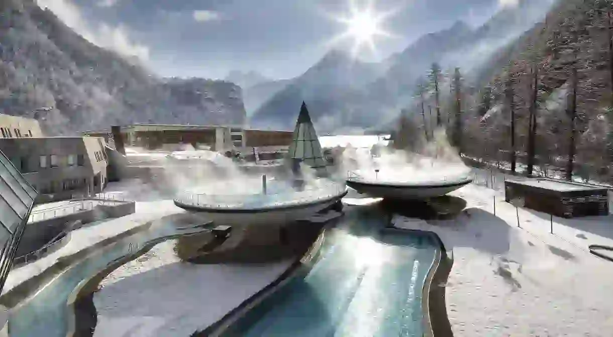 The space-age look comes to Switzerland via the steaming thermal basins of the Aqua Dome in the Ötztal valley