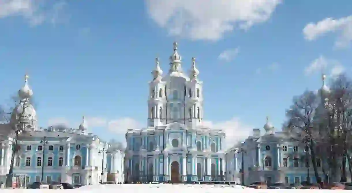 Smolny Cathedral is a confection in blue and white