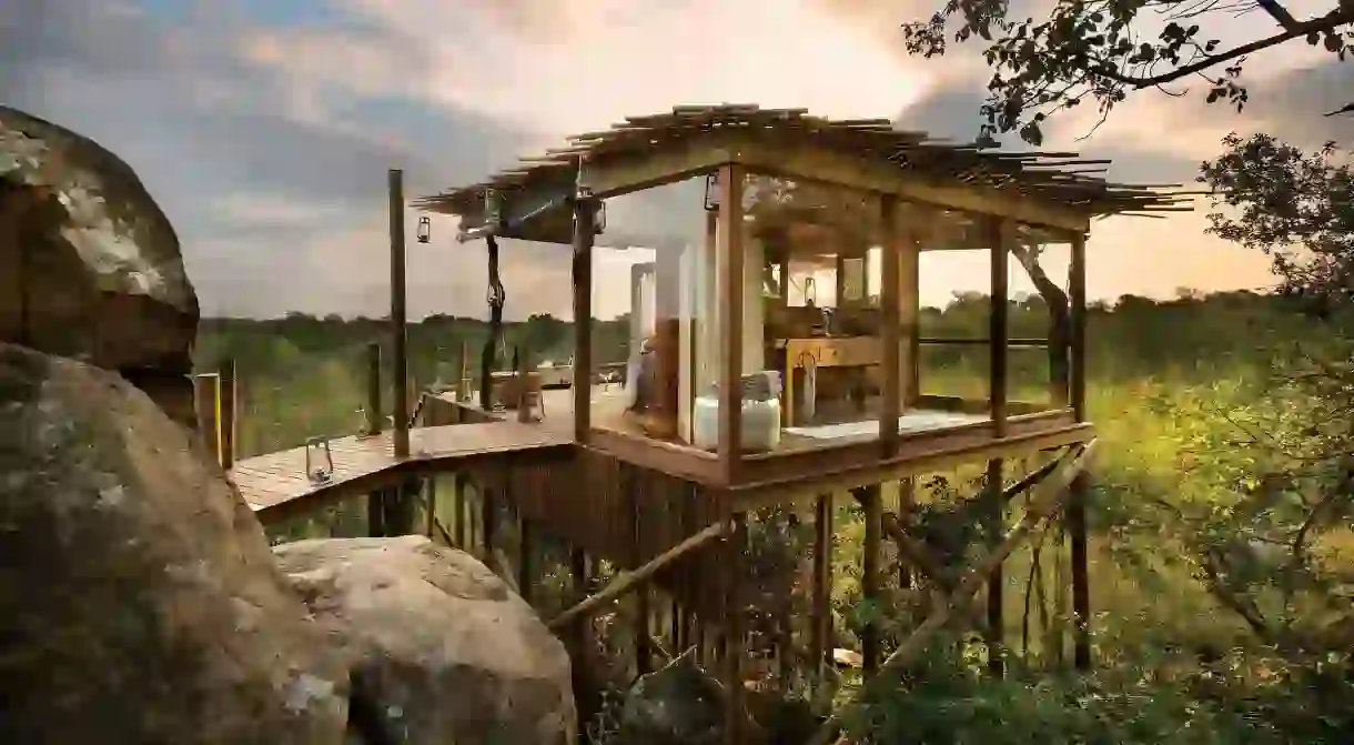 Enjoy a special stay in an open-air treehouse at the Lion Sands River Lodge in South Africa