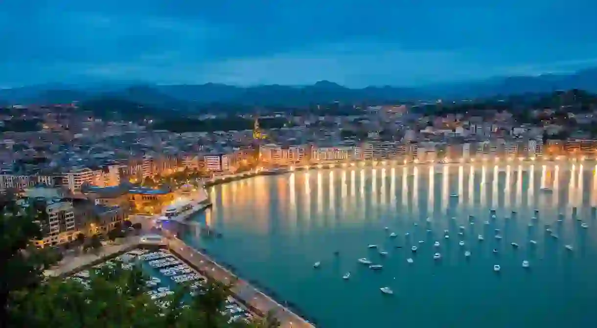 San Sebastians skyline, overlooking Bahia de la Concha in the Basque Country, Spain