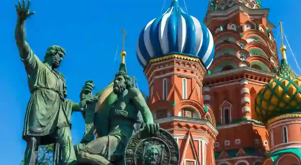 Statue of Kuzma Minin and Dmitry Pozharsky in front of St Basils Cathedral