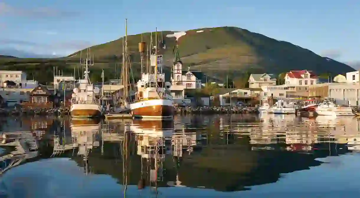 Húsavík harbour, where humpback whales can be spotted in season