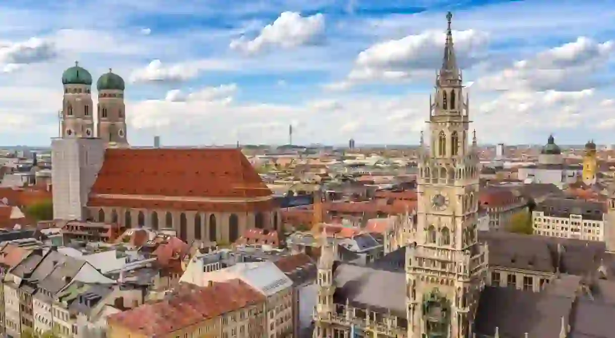 The city skyline at Marienplatz new town hall in Munich, Germany.