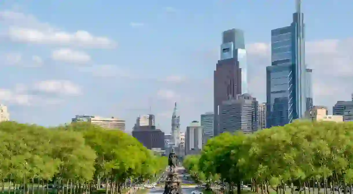 TAGWCP PHILADELPHIA, USA - APRIL 30 2019 - The 72 stone steps before the entrance of the Museum of Art, have become known as the Rocky Steps as a result of