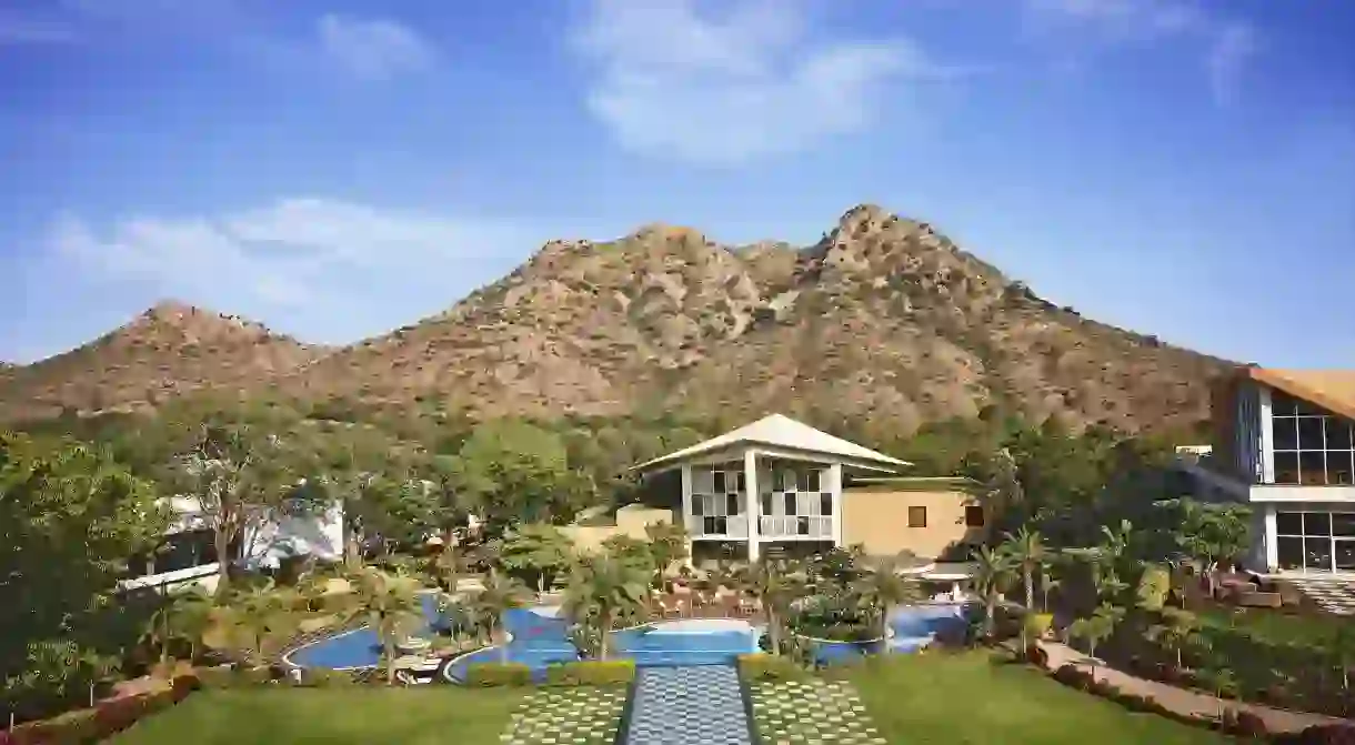 Mountains provide a scenic backdrop for the Taj Aravali Resort & Spa in Udaipur, India