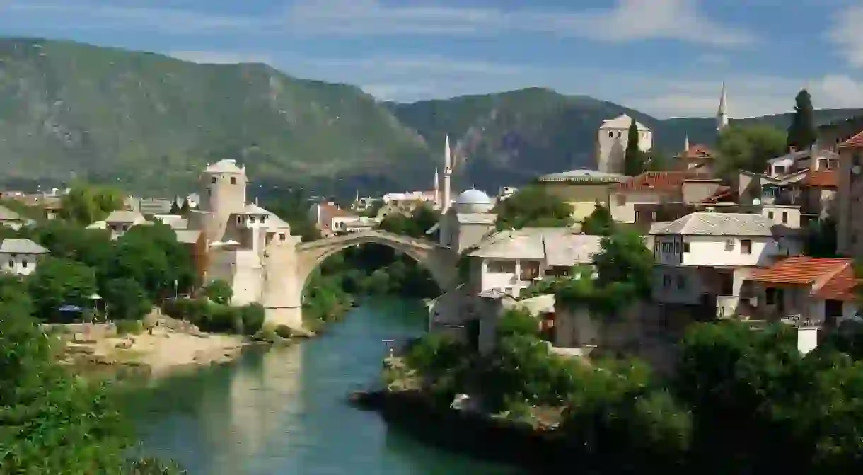 Mostars iconic bridge spans the beautiful Neretva River