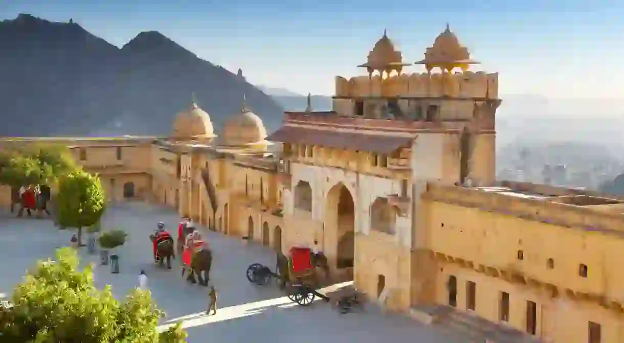 View of the Jaleb Chowk courtyard and main gate of Amer Fort – the most popular filming location in Jaipur