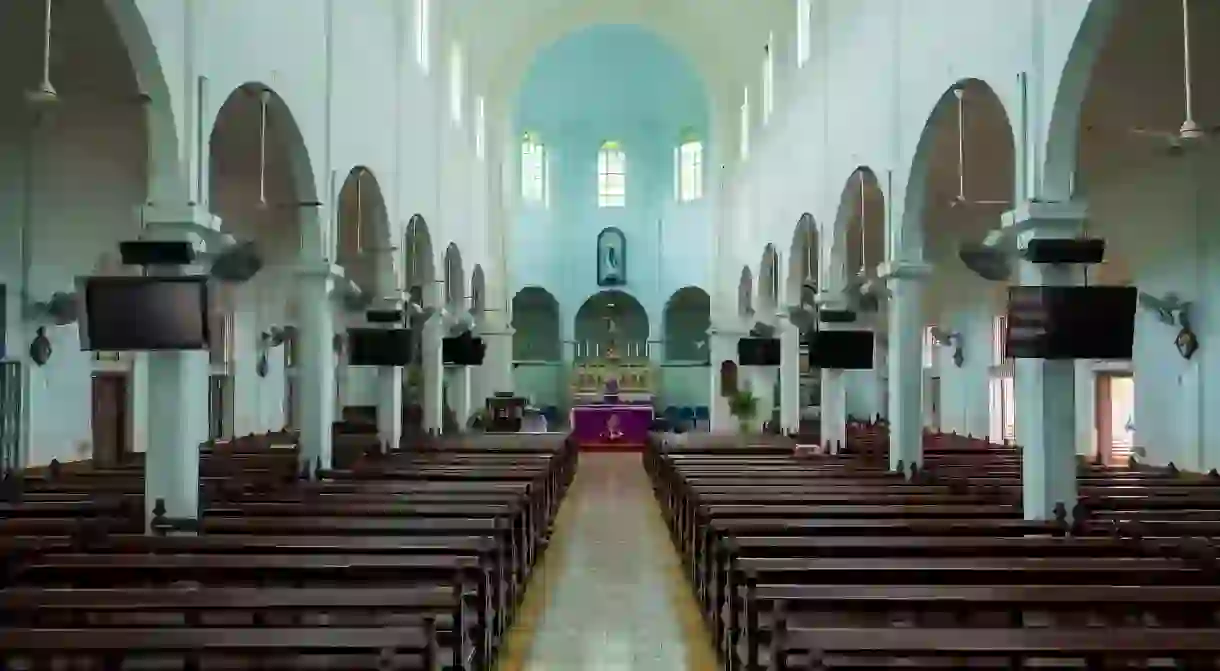 T16ECP Interior of the Church Of The Immaculate Conceptionin in Johor Bahru, Malaysia. Its the oldest Roman Catholic church in Johor.