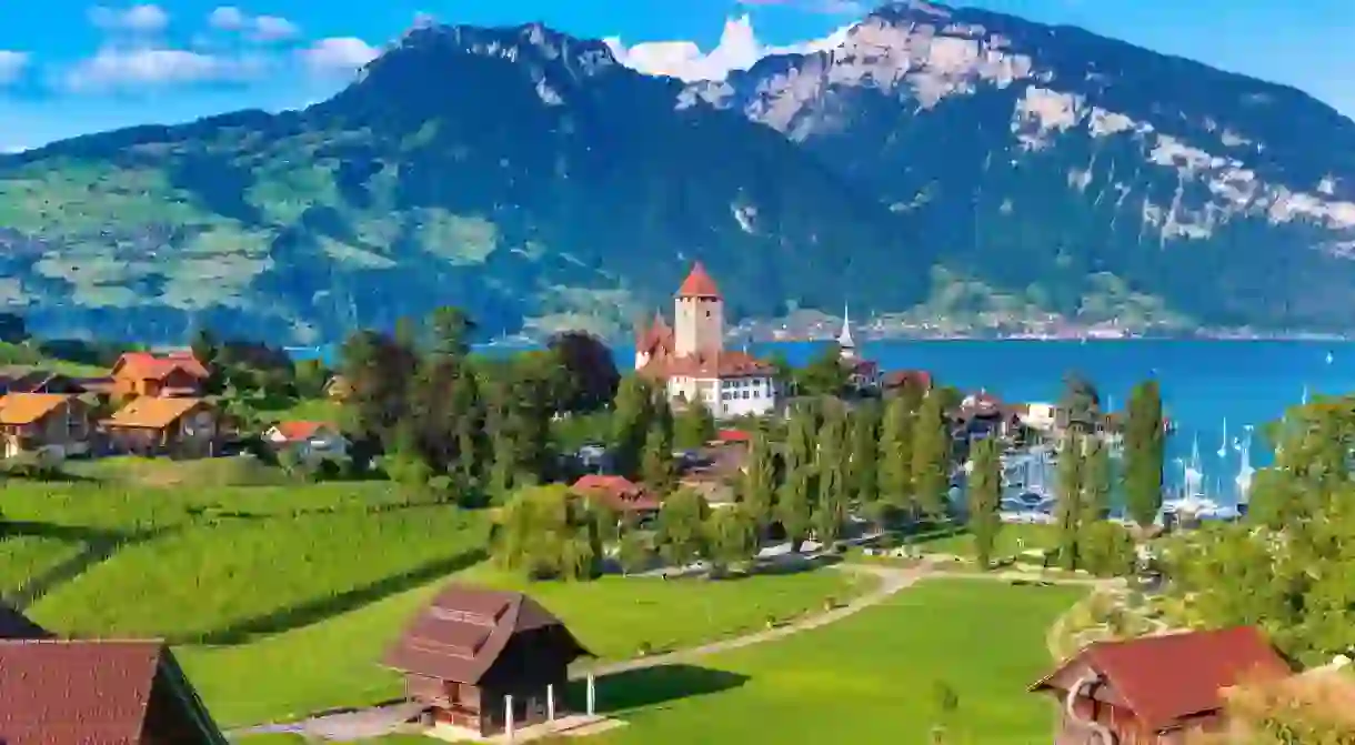 Lake Thun, Bern, with great views of Spiez church and castle