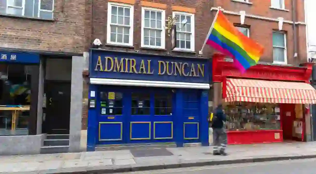 Old Compton Street is the central hub of Londons LGBT community, home to venues like the Admiral Duncan pub