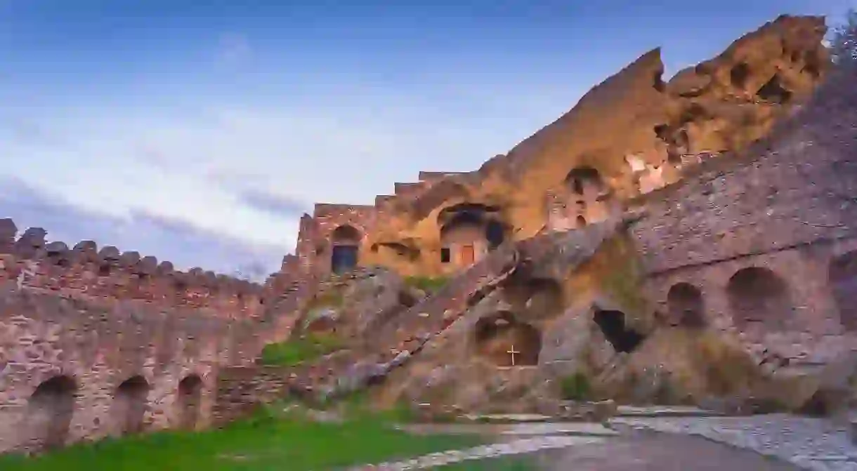 David Gareji cave monastery is built into the rocky Caucasus mountains in Georgia