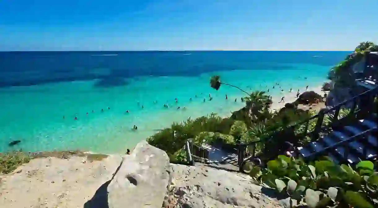 One of the finest beaches in Tulum lies below Mayan ruins