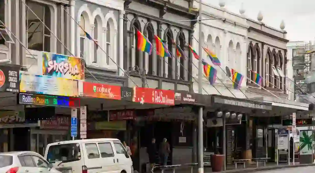 Row of shops, restaurants and bars, Auckland