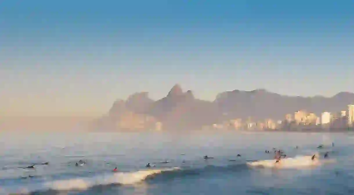 Arpoador is a popular surfing spot in Rio de Janeiro, Brazil