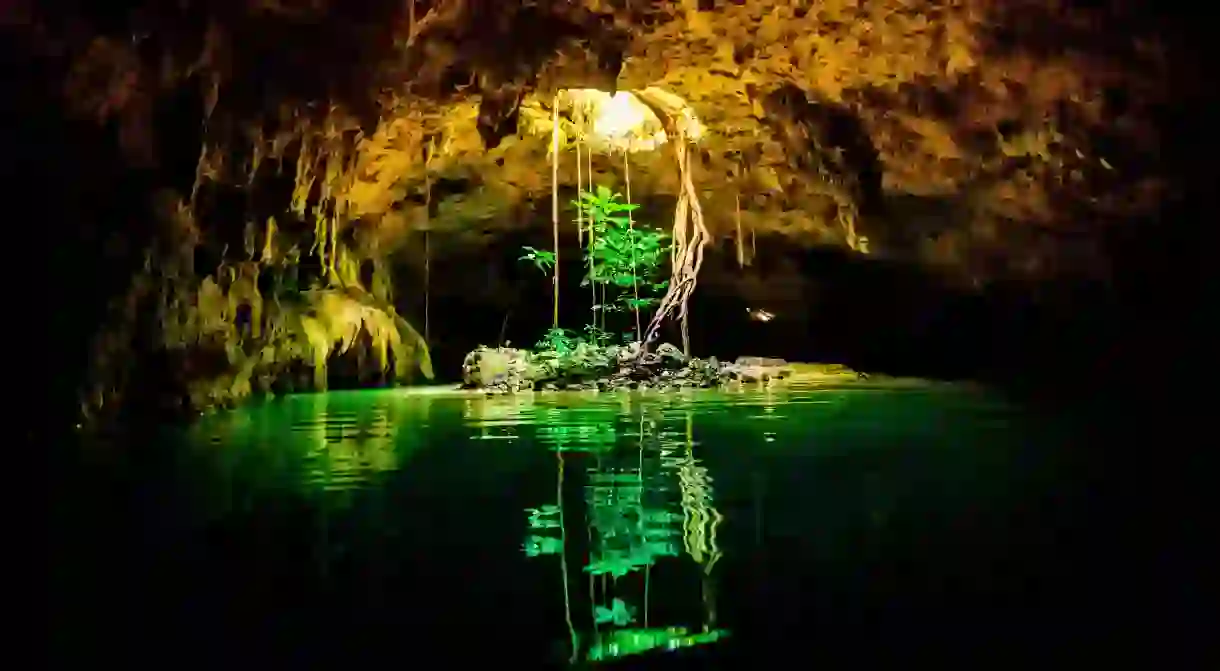 Dive into Cenote Dos Ojos and explore stalactites and stalagmites from the fresh water