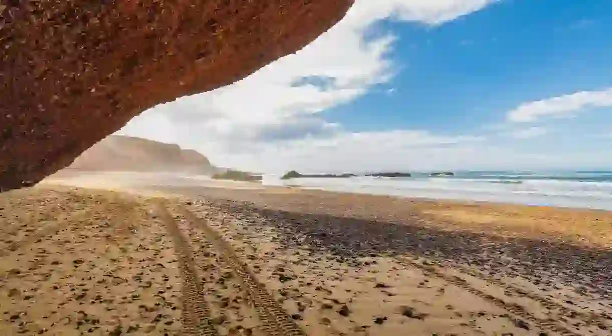 The seaside Legzira in Morocco is known for its famous rock formations